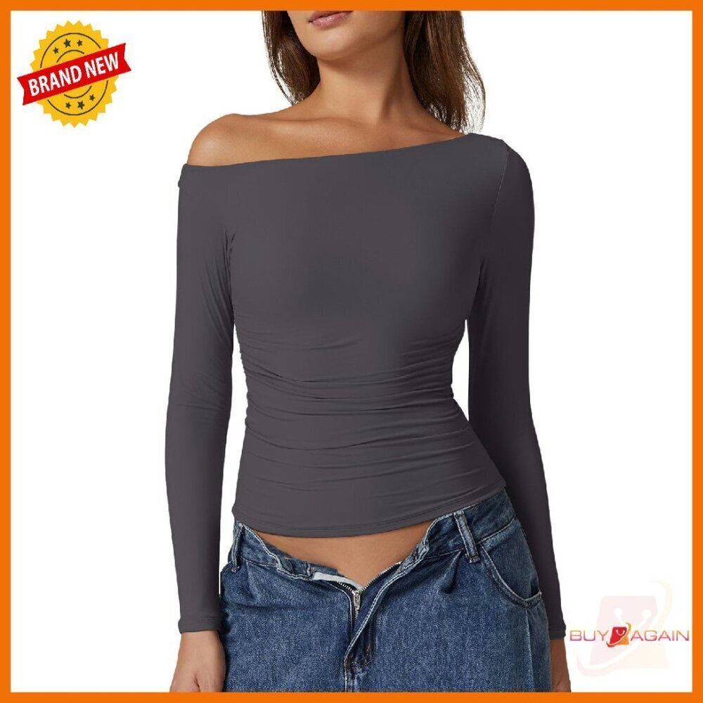 Off Shoulder Long Sleeve Ruched Fitted Top Double Lined Stretchy Material